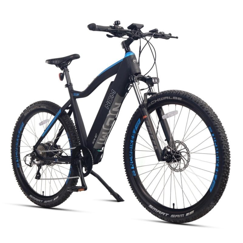 VTT électrique NCM suspension avant hydraulique pneus cramponnés terrain accidenté